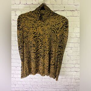 Jane and Delaney Black Tan Sheer Lined Animal Print Turtleneck Top Size Medium